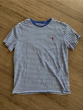 Ralph Lauren Blue and White Striped Short Sleeve Tee with Red Pony